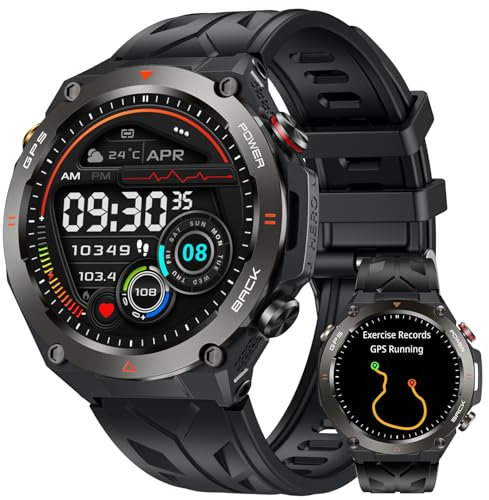 GPS Smartwatch Herren Armbanduhr Schwarz: Fitnessuhr Uhr Kompass Luftdruck Blutdruck Telefonfunktion Schlafmonitor Herzfrequenz Schrittzähler Sportuhr Wasserdicht 1,45 Touchscreen 650mAh Akkulaufzeit