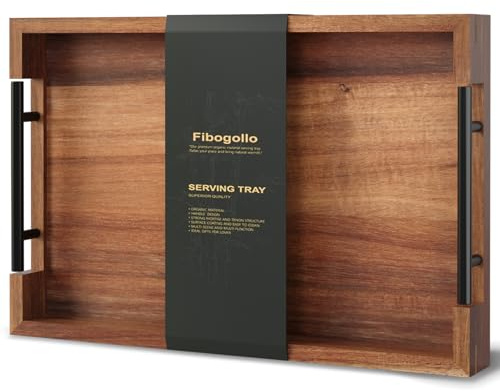 Fibogollo Acacia Wood Serving Tray with Metal Handles,38x25cm Ottoman Decorative Trays Platter for Coffee Table,Living Room,Bar,Party(Medium)