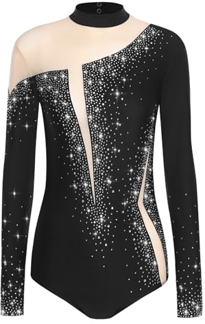 Oyolan Body Gymnastique Femme Justaucorps Strass Manches Longues Leotard Danse Costume Performance Noir S