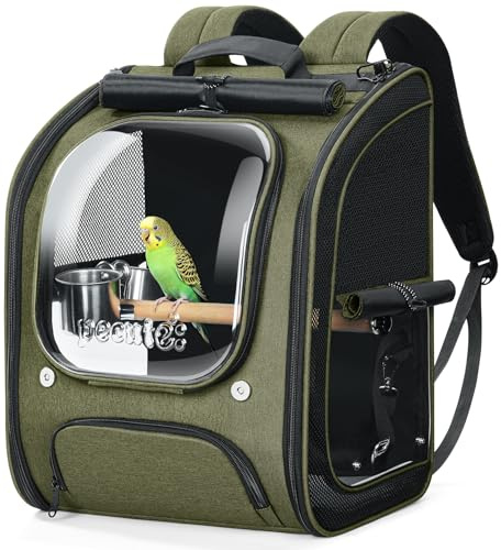 Pecute Bird Backpack Carrier for Small Birds,Cockatiel,Parrot,Bird Carrier with Standing Perch,Comfy Mat&Transparent Window, Breathable Bird Backpack for Vet Visit,Shopping and Outdoor Adventure,Green