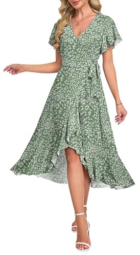 AUSELILY Women Summer Midi Dresses Wrap Short Flutter Sleeve V Neck Boho Slit Flowy Ruffle Dress Wedding Guest Dresses