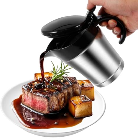 Salsiera grande – Acciaio inossidabile 450 ml | Salsiera con pentola per salsa con coperchio | Elegante contenitore da tavolo per salse, sughi, condimenti, buffet, feste e uso in cucina