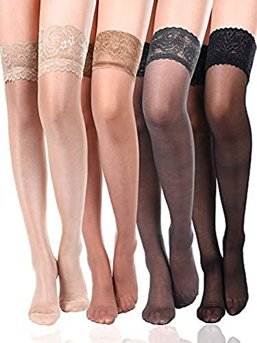 Boao 4 Pairs Women Thigh High Stockings Lace Tights Silky Semi Sheer Lingerie for Women Summer Halloween Cosplay(Medium,Black, Grey, Nude, Coffee)
