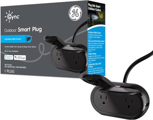 GE Cync Smart Plug, Outdoor Bluetooth and Wi-Fi Outlet Socket, Weather Resistant Plug, Works with Alexa and Google, Black (1 Pack)