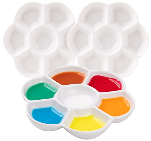 MEEDEN 7-Well Studio Porzellan Tablett, 3er-Set mit Farbbox, Künstler Misch Farbtablett von 12 cm (4,7 Zoll) für Aquarell Gouache Malerei, Rund, Weiß