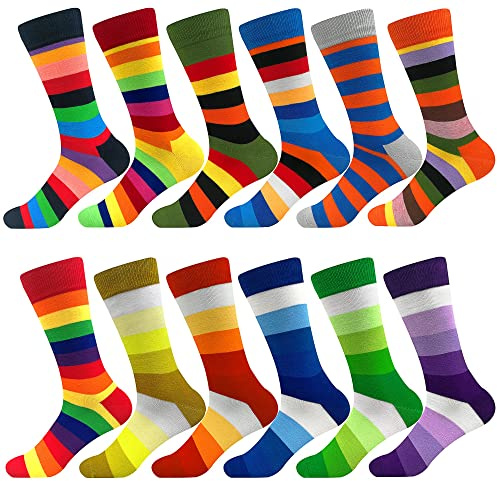 Fasefunn Dress Socks for Men Striped Argyle Pattern Sock Fun Funny Colorful Novelty Hosiery Packs Cotton Calf Size 8-12(12 Pairs US051203)