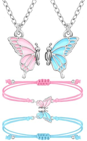 MJartoria BFF Necklace & Bracelets - Butterfly Friendship Set - Pink+Blue-Silver - Unisex - Semi-Fine Alloy - 18 Inch Chain - Lobster Clasp