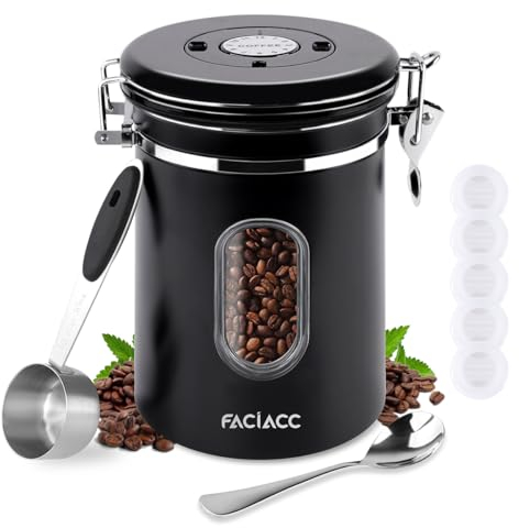 FACIACC Airtight Coffee Canister, 1800ML Stainless Steel Container with Measuring Scoop & Date Tracker for Coffee, Tea, Sugar, Nuts (Black)