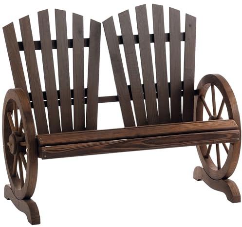 Outsunny Panchina da Giardino da 2 Posti con Braccioli a Forma di Ruota, Panchina da Esterno a Doghe in Legno di Abete, Panca per Terrazza Patio e Cortile, 108x66x95 cm, Carbonizzato