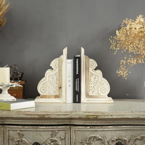 Sintosin Rustikaler Buchstütze Holz Weiß im Antik Finish (1 Paar/2 Stück), Handgedrechselt Geschnitzten Dekorative Buchstützen, Shabby Chic Buchhalter für Regale Dekorative
