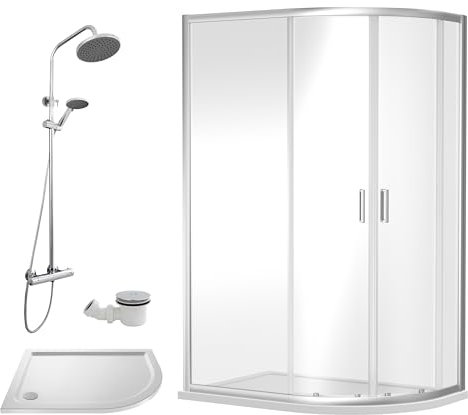 Balterley Offset Quadrant Shower Enclosure, Offset Quadrant Tray, Waste & Thermostatic Shower Kit, 6mm Toughened Safety Glass Door, Bar Handle Sliding Glass Door, Round Showerhead & Handset (Chrome)