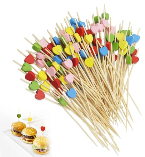Xmart 300 Piezas Multicolor Brochetas de Bambú 12cm Palitos de Cóctel Accesorios de Madera Brochetas de Corazones Multicolor Pinchos de Cóctel Para Decoración de Fiestas Buffet Bar