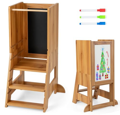 COSTWAY Kids Step Stool, Height Adjustable Toddler Kitchen Learning Tower with Safety Rail, Chalkboard & Whiteboard, Montessori Helper Stand for Kitchen Counter Bathroom Sink