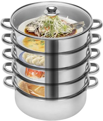 Charocean 26cm Steamer Pot 5 Tier Stainless Steel Steamer Pan Large Dumpling Steamers Cooking Pot with Vented Glass Lid for All Stoves, Dish-Washer Safe (Φ26cm)