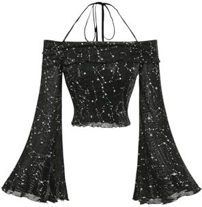 GORGLITTER Crop Toppar för kvinnor, långärmade skjortor, axellös topp, halterneck, topp, glitter, topp med volang ärmar, svart, S