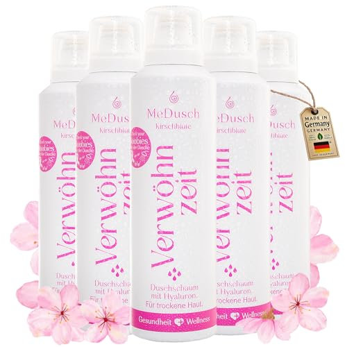 MeDusch Mousse de douche Verwöhnzeit (200 ml) - Fleur de cerisier (Sakura) avec acide hyaluronique végétalien dans un lot pratique de 5 (unisexe), un bain aromatique hydratant pour la douche