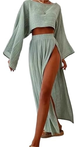 Ensemble 2 pièces for Femmes, Jupe Fendue Haute, Robe Longue bohème, Cache-Maillot de Plage, Sarong, Bikini, Ensemble en Coton et Lin(Lightgreen,Small)