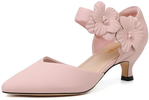 RIBONGZ Women's Low Kitten Heel Pumps Comfortable Pointed Toe Dress Shoes Flower Strap Slip On Dressy Heels for Wedding Dancing Party Office Work, Pink, 6 UK