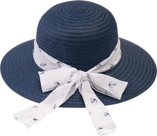 Stråhatt för kvinnor, nautisk stil, dekorativt band - ankare hatt - B 22040, Marinblå, one size