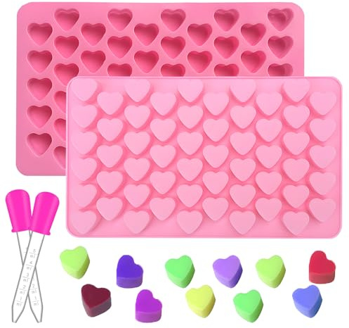 Lot de 2 petits moules en silicone en forme de cœur avec 2 pipettes Mini moules à glaçons en forme de cœur Moule à muffins Moule à chocolat Moule à pralines Accessoires de cuisson pour chocolat