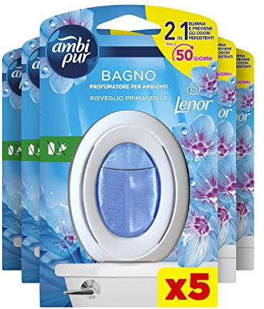 Ambi Pur Bagno Profumatore Per Ambienti, 5 Profumatori Bagno, Fragranza Lenor Risveglio Primaverile, Diffusore Ambiente Con Tecnologia Elimina Odori, Durata Fino a 50 Giorni Per Profumatore
