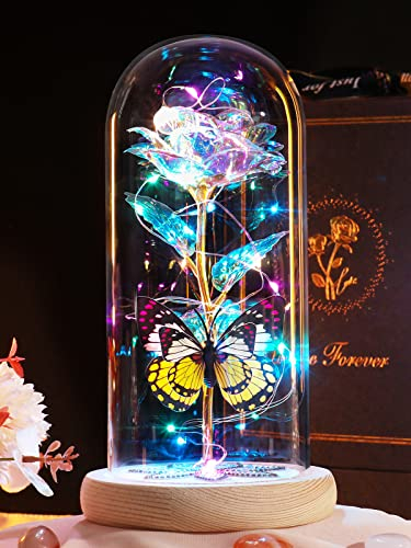 Beferr Christmas Rose Gifts for Women Galaxy Colorful Rose Birthday Gifts for Women Crystal Rainbow Flower Gifts for Her Mum Wife Light Up Flower In Glass Dome Christmas Thanksgiving Anniversary