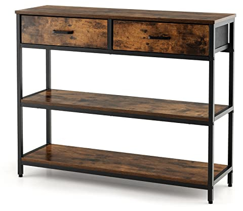 LIFEZEAL Mesa Consola de 3 Niveles con 2 cajones de Tela Plegables, Mesa Auxiliar Estrecha de Entrada con Estructura metálica de Estilo Industrial, Consola recibidor, 100 x 30 x 80 cm