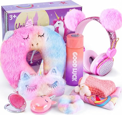 Einhorn Geschenke für Mädchen 6 7 8 9 10 11 12 Jahre mit Kopfhörer Kinder Plüsch Nackenkissen Augenmaske Taschenspiegel Trinkflasche Kordelzugbeutel zum Reisen Weihnachten Geburtstag Geschenke Mädchen