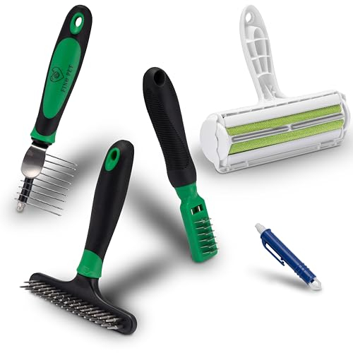 FinoPet 5er Entfilzungs-Set mit verschiedenen Hundebürsten/Katzenbürsten, XL Fusselrolle, Zeckenzange, Entfilzer, Langhaar Kurzhaar Unterwolle Bürsten Tierhaarentferner, Automatische Zeckenentfernung