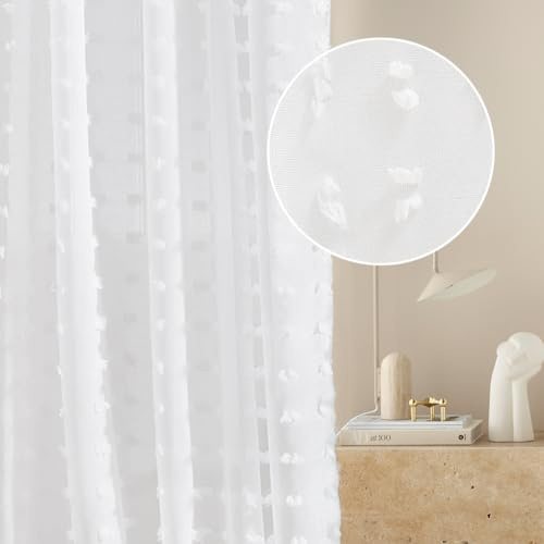 ROOM99 Gardin med veckband Casablanca 350 x 250 cm bredd x höjd vardagsrum gardin transparent modern gardin halsduk vardagsrum sovrum för skensystem vita pom poms, 1 styck