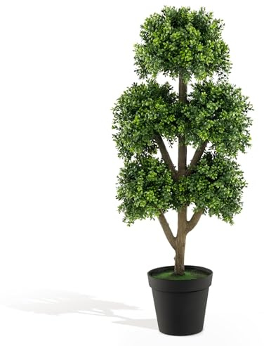 COSTWAY 115cm Artificial Boxwood Topiary Tree, 5 Ball Shaped Fake Plant in Cement-filled Pot, Faux Indoor Greenery Decorative Tree for Home, Office & Front Porch (1)