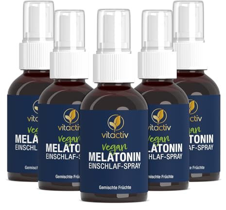 VITACTIV Melatonin Einschlafspray - Gemischte Früchte - 1925 Tage Vorrat, Hochdosiert - Melatonin Spray plus Passionsblumen Extrakt, Vitamine B1 und B6 - Zuckerfrei & Vegan - 250ml Sofort-Spray