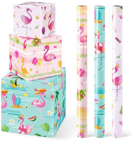 WERNNSAI Flamingo Geschenkpapier – 3 Rollen Flamingo Geburtstags Geschenkpapier Kinder Mädchen Sommer Rosa Geburtstagsparty Geschenk Deko Lustig Geschenkpapierrollen mit Schnittlinien 43 cm x 3 m