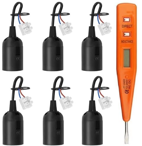 Portalampada E27, Lampade Basi con Filo, Basi per Lampade in Plastica,6PCS con Tester di Tensione Supporto della Lampada Portalampada Attacco per Cantiere Ristrutturazione Lavori