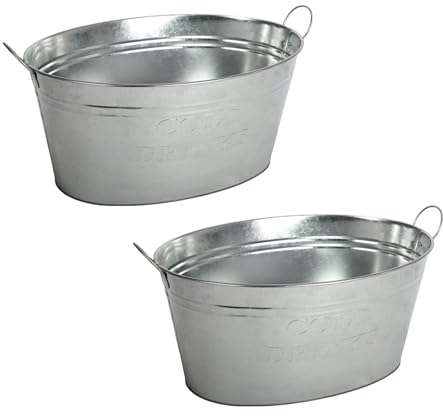 BURI 2X Getränkewanne mit Henkel 24 Liter - Zinkwanne wasserdicht Getränkekühler - Großer Champagner- & Sektkühler, Eiskübel, Eiseimer für Garten-Party mit Aufdruck