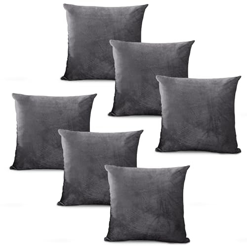 Hafaa Velvet Cushions with Covers Included Sets 12 (6 Charcoal Cushion Covers, 6 Cushion Inserts 45cm x 45cm) Luxury Decorative Fluffy Square Throw Pillow Case Sofa Cushion with Invisible Zipper