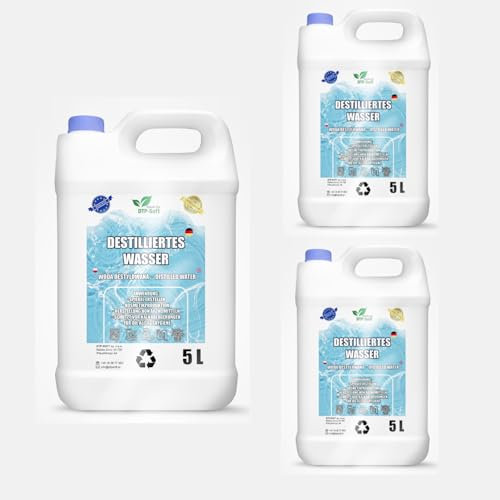 Eau distillée 100% pure 15L | Eau déminéralisée 3x5L - eau distillée adaptée pour fer à repasser, humidificateur, batteries et bien plus encore