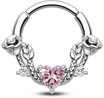 CM Crareesi Mania Piercing septum rose 16 g Anneau segmenté articulé en acier inoxydable 316L Daith Clicker Cœur CZ Septum Daith Helix Piercing de nez Bijoux, 8 mm, Zircone cubique