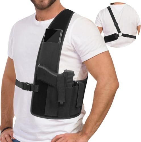 ZONSUSE Holster Epaule,Vertical Épaule Holster,Etui à Pistolet Dissimulé, Sangle Réglable avec Deux Poches pour Magazines pour Pistolet Airsoft Police Entraînement Autodéfense Chasse (Type A)