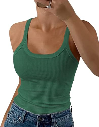 DUOEASE Canotta Donna Estiva 2025 Girocollo Spaghetti Top Donna Elasticità T Shirt Donna Senza Maniche Verde-M