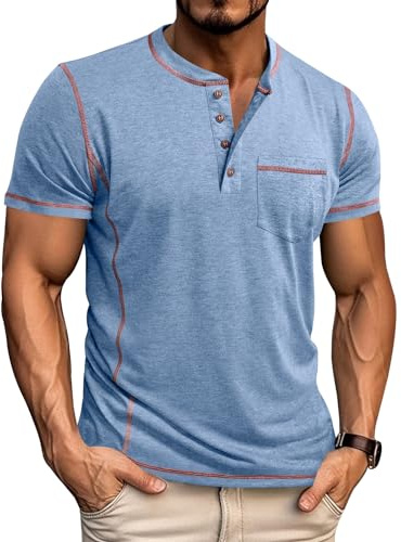 LAOARA Tee Shirt Homme T Shirt T-Shirts à Manches Courtes Homme Henley Col Tunisien Boutons Légére Tshirt Bleu L