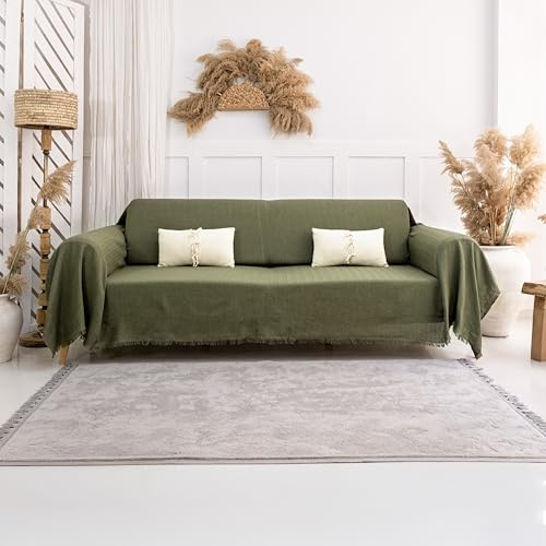 Milam London Plaid pour canapé 3 places | Housse de canapé 3 places | Couvre-lit en coton | Plaid pour canapé | Vert olive 180 x 300 cm
