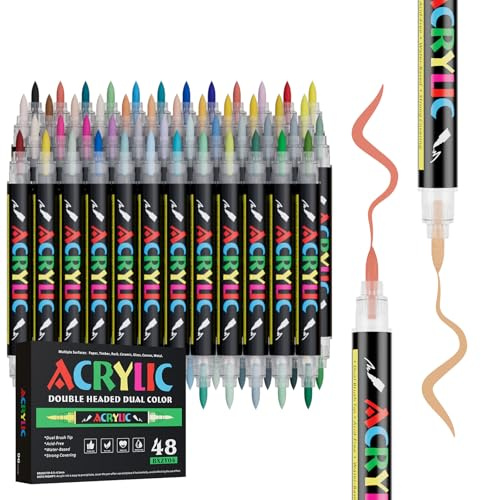 96 Colors Acrylic Marker With Double Brush Tips Automatic Ink Control, Water Based Ink Paint Markers For Rock, Wood, Ceramic, Glass, Stone, Fabric, DIY Crafts Textile & Art Supplies 48PCS