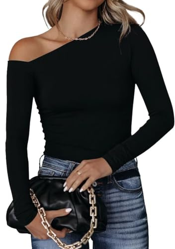 LACOZY Women Off The Shoulder Long Sleeve Tops 2026 Trendy Asymmetrical Neck Shirts Slim Fit Y2K Tunic Clothes Black XL