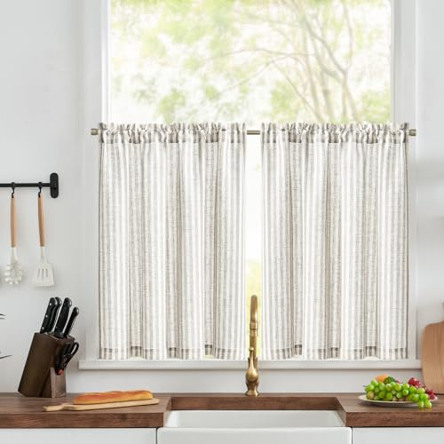 TOPICK Fönstergardiner moderna bistrogardin linne gardiner med ränder kök köksgardin ogenomskinlig kort, set om 2 stycken H 90 x B 60 (cm) köksgardiner för kök ljusgenomsläppliga små fönster grå