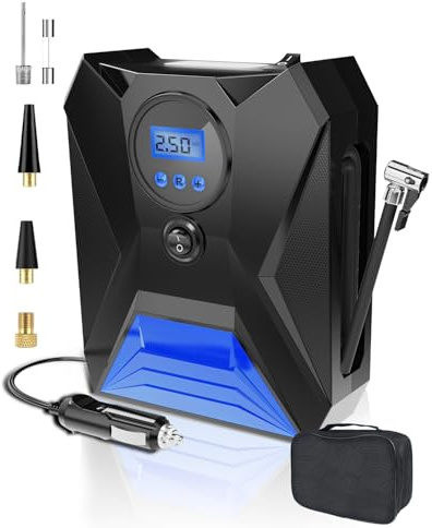 Onalix Gonfleur Pneus Voiture Portable 12V, Gonflage Rapide avec Écran Numérique HD, Mémoire Intelligente, Arrêt Automatique, 4 Unités de Mesure, Lumière LED, Idéal pour Vélo, Moto, Ballon (Bleu)