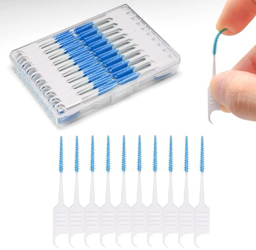 ACSKD 300PCS Dental Floss Picks,Dual-Use Interdental Brushes,Soft Silicone Brush Head Toothpicks, Tooth Picks Flossers for Teeth Braces Cleaning (Blue)