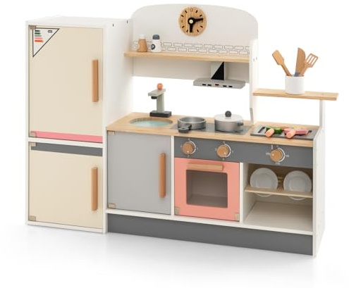 GYMAX Kids Kitchen Playset, Wooden Children Play Kitchen with BBQ Grill, Refrigerator, Range Hood, Oven, Faucet, Sink, Sound & 16 Accessories, Large Pretend Toy Kitchen for Toddlers