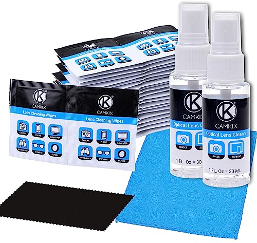 Juego de Limpieza para Lentes y Pantallas – 2 Botellas de Spray, 2 Paños de Microfibra (tamaño L + S), 50 paños húmedos envueltos Individualmente - para anteojos, Gafas de Sol, Lentes de Camara