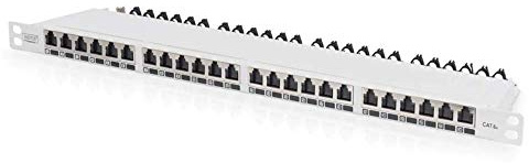 DIGITUS Panel de conexiones (19 pulgadas, cat. 6A, 24 puertos RJ45, apantallado, panel de conexiones LSA, montaje en rack, 0,5 HE), color gris